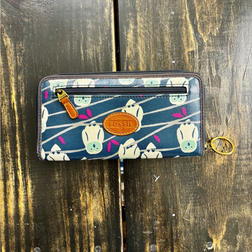 Fossil Owl Print Zip Around Wallet Blue Canvas Pink Interior Key Ring